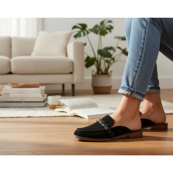 Lucky Brand Suede LEATHER Mule Loafers Slippers Sandal Shoes Size 9.5 M BLACK - Picture 2 of 14